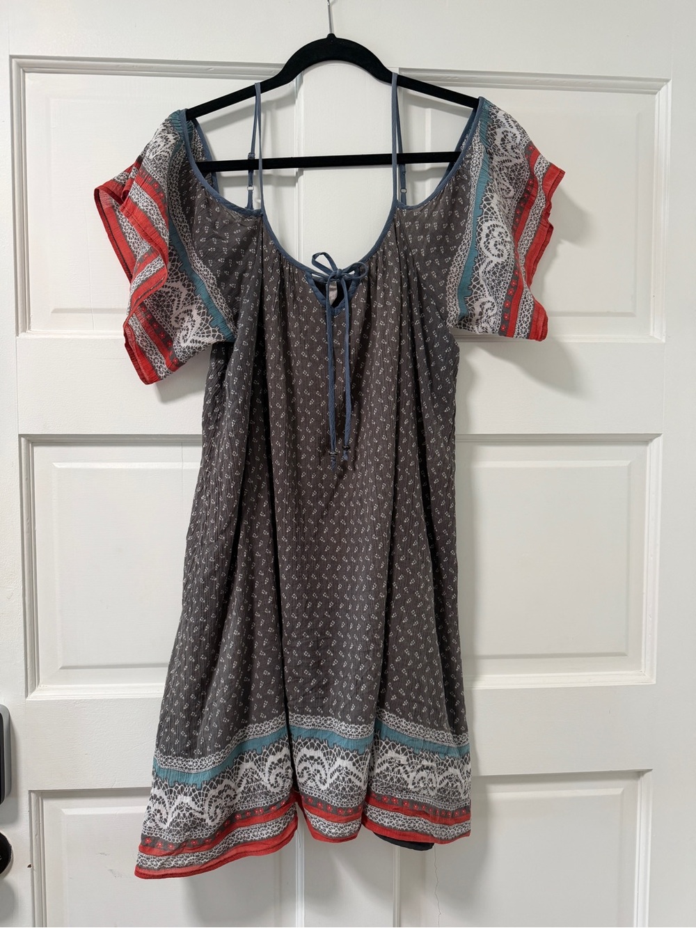 Free People Boho Cold-Shoulder Summer Dress in Charcoal with Red & Teal Trim